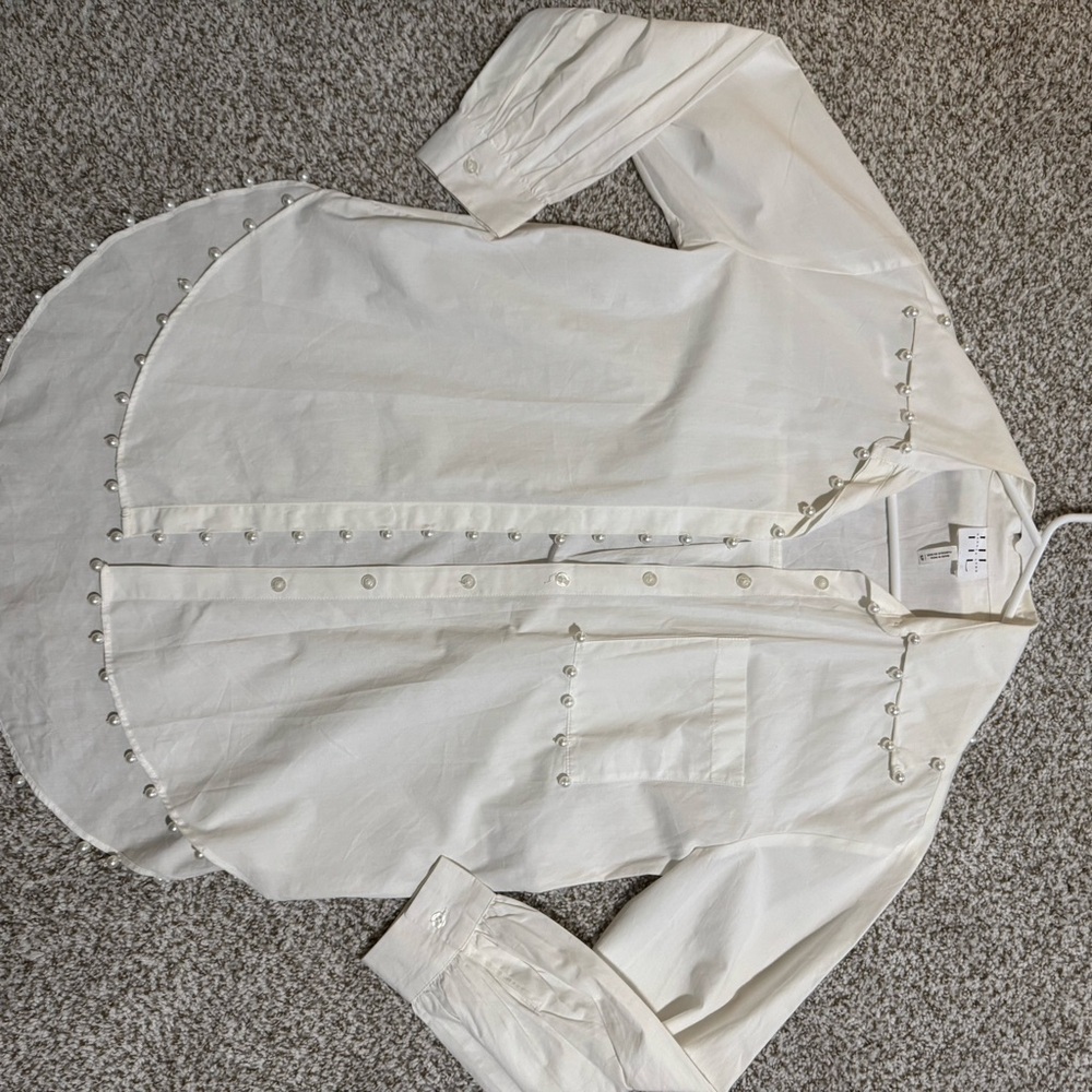 White Button-Up Shirt with Pearl Accents